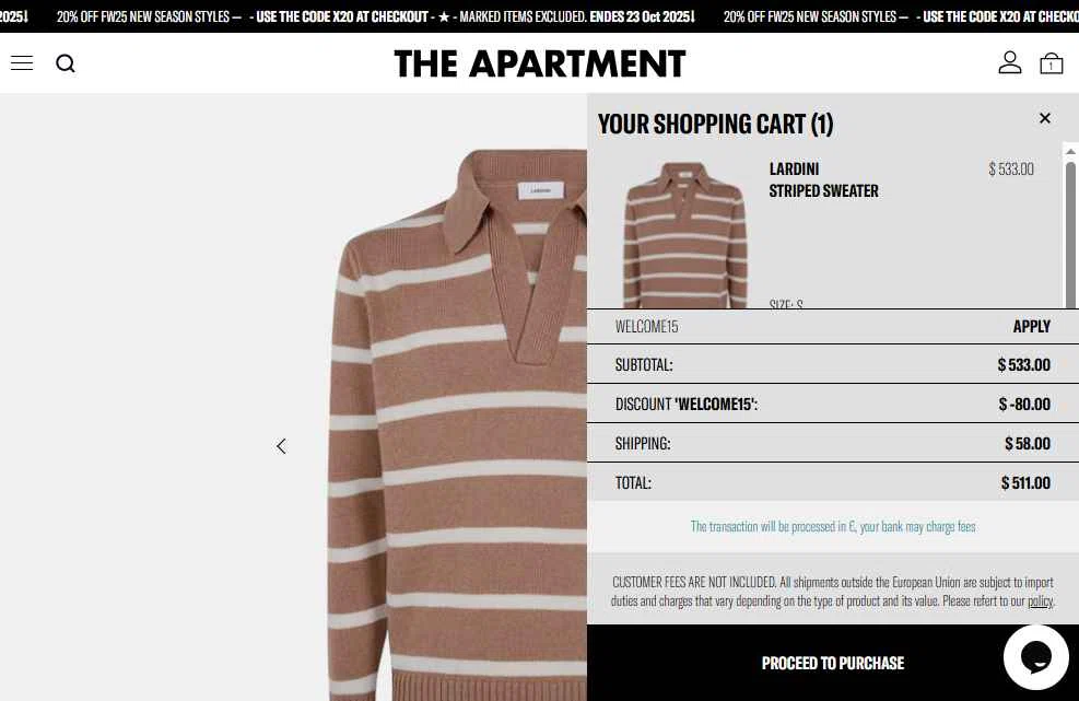 The Apartment Cosenza checkout page showing The Apartment Cosenza promo code box | Screenshot taken by SimplyCodes community member on Oct 18, 2025