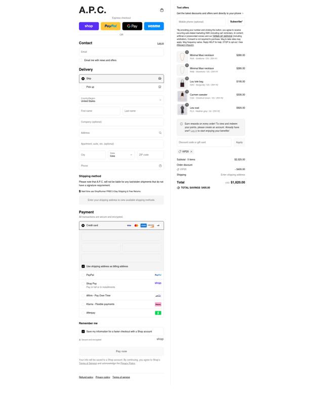 A.P.C. checkout page showing A.P.C. promo code box | Screenshot taken by SimplyCodes community member on Aug 30, 2025