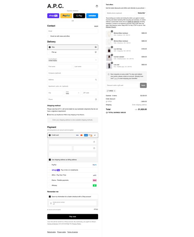 A.P.C. checkout page showing A.P.C. promo code box | Screenshot taken by SimplyCodes community member on Aug 13, 2025
