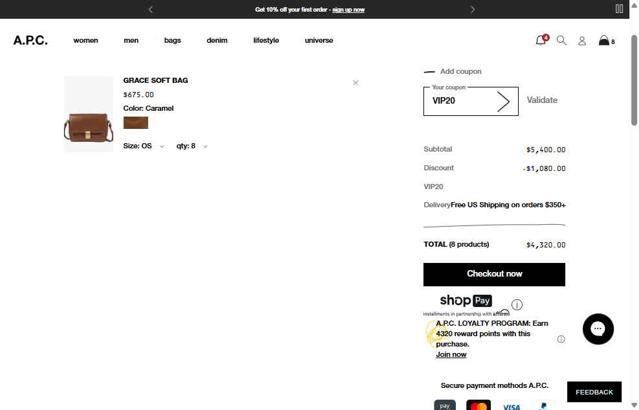 A.P.C. checkout page showing A.P.C. promo code box | Screenshot taken by SimplyCodes community member on Sep 11, 2025