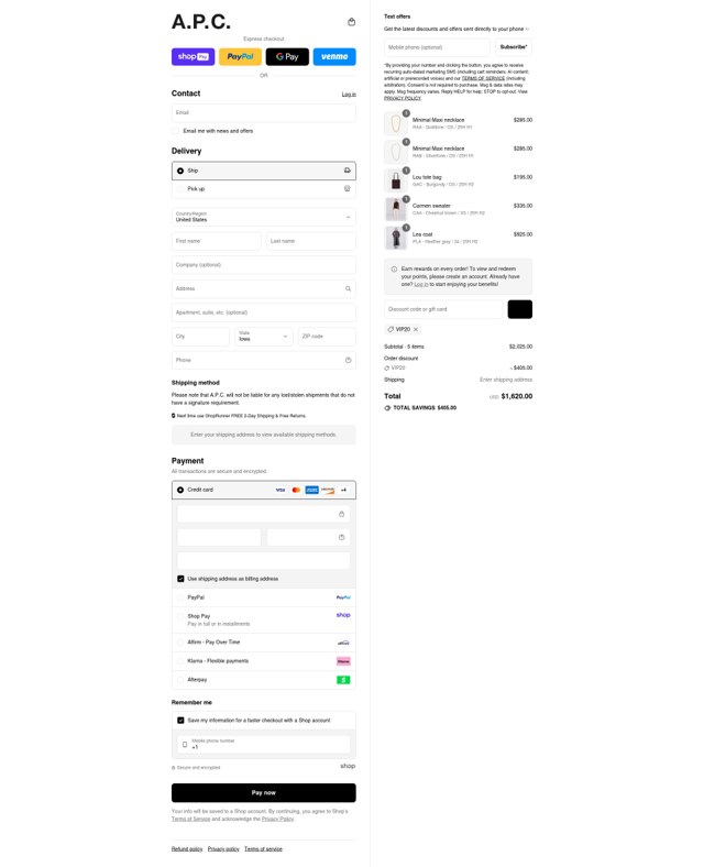 A.P.C. checkout page showing A.P.C. promo code box | Screenshot taken by SimplyCodes community member on Aug 16, 2025