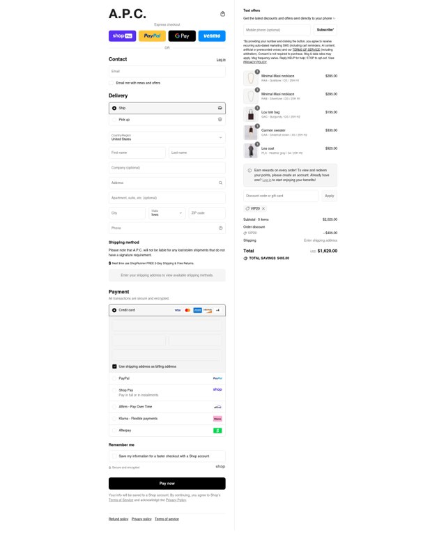 A.P.C. checkout page showing A.P.C. promo code box | Screenshot taken by SimplyCodes community member on Aug 22, 2025
