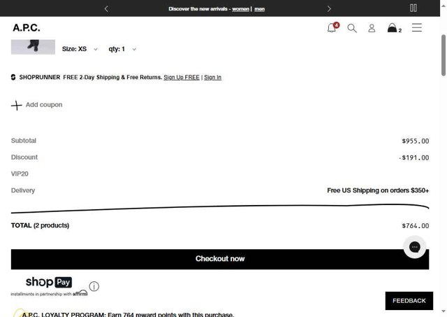 A.P.C. checkout page showing A.P.C. promo code box | Screenshot taken by SimplyCodes community member on Aug 27, 2025
