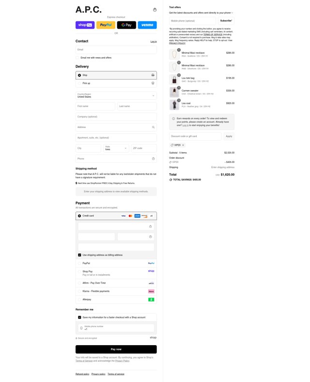 A.P.C. checkout page showing A.P.C. promo code box | Screenshot taken by SimplyCodes community member on Aug 26, 2025