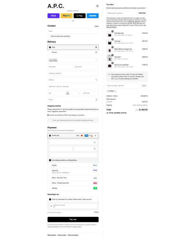 A.P.C. checkout page showing A.P.C. promo code box | Screenshot taken by SimplyCodes community member on Sep 3, 2025