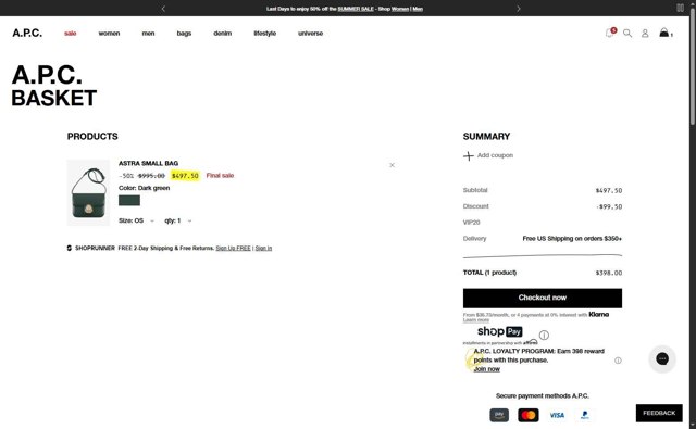 A.P.C. checkout page showing A.P.C. promo code box | Screenshot taken by SimplyCodes community member on Aug 24, 2025