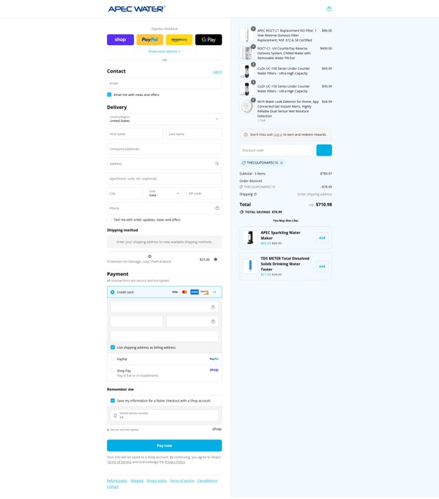APEC Water Systems checkout page showing APEC Water Systems discount code box | Screenshot taken by SimplyCodes community member on Sep 3, 2025