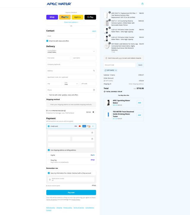 APEC Water Systems checkout page showing APEC Water Systems discount code box | Screenshot taken by SimplyCodes community member on Sep 3, 2025