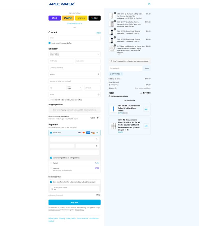 APEC Water Systems checkout page showing APEC Water Systems discount code box | Screenshot taken by SimplyCodes community member on Aug 30, 2025