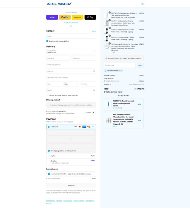 APEC Water Systems checkout page showing APEC Water Systems discount code box | Screenshot taken by SimplyCodes community member on Aug 30, 2025