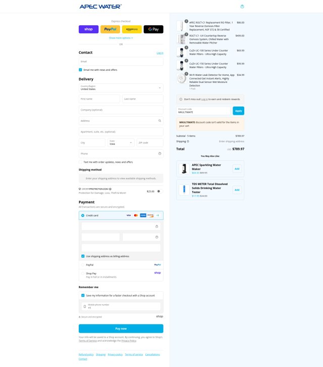 APEC Water Systems checkout page showing APEC Water Systems discount code box | Screenshot taken by SimplyCodes community member on Sep 3, 2025