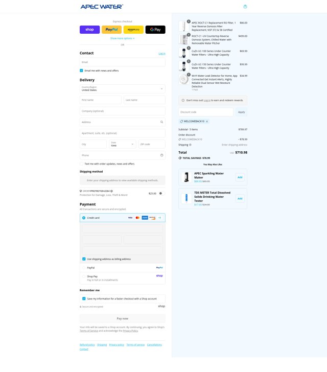 APEC Water Systems checkout page showing APEC Water Systems discount code box | Screenshot taken by SimplyCodes community member on Sep 3, 2025