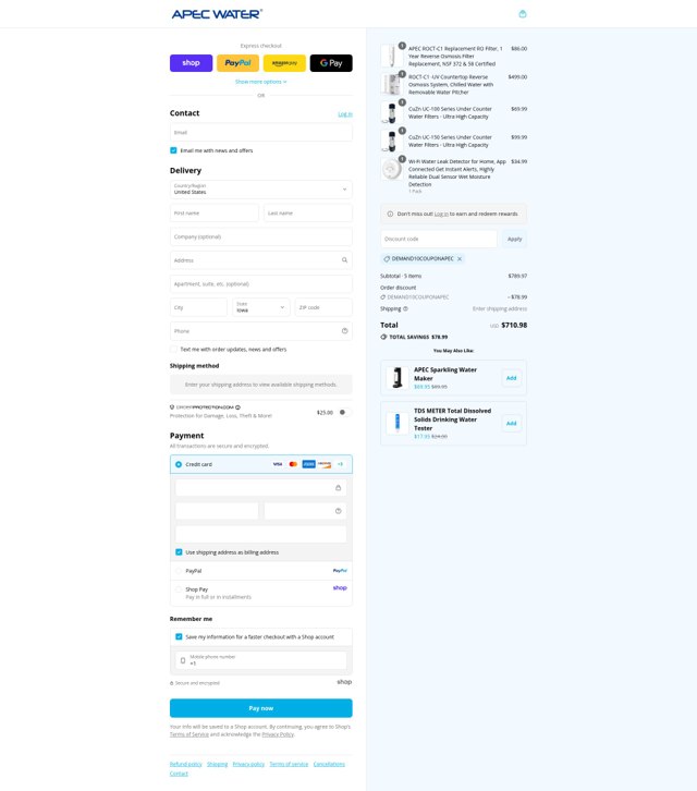APEC Water Systems checkout page showing APEC Water Systems discount code box | Screenshot taken by SimplyCodes community member on Sep 3, 2025