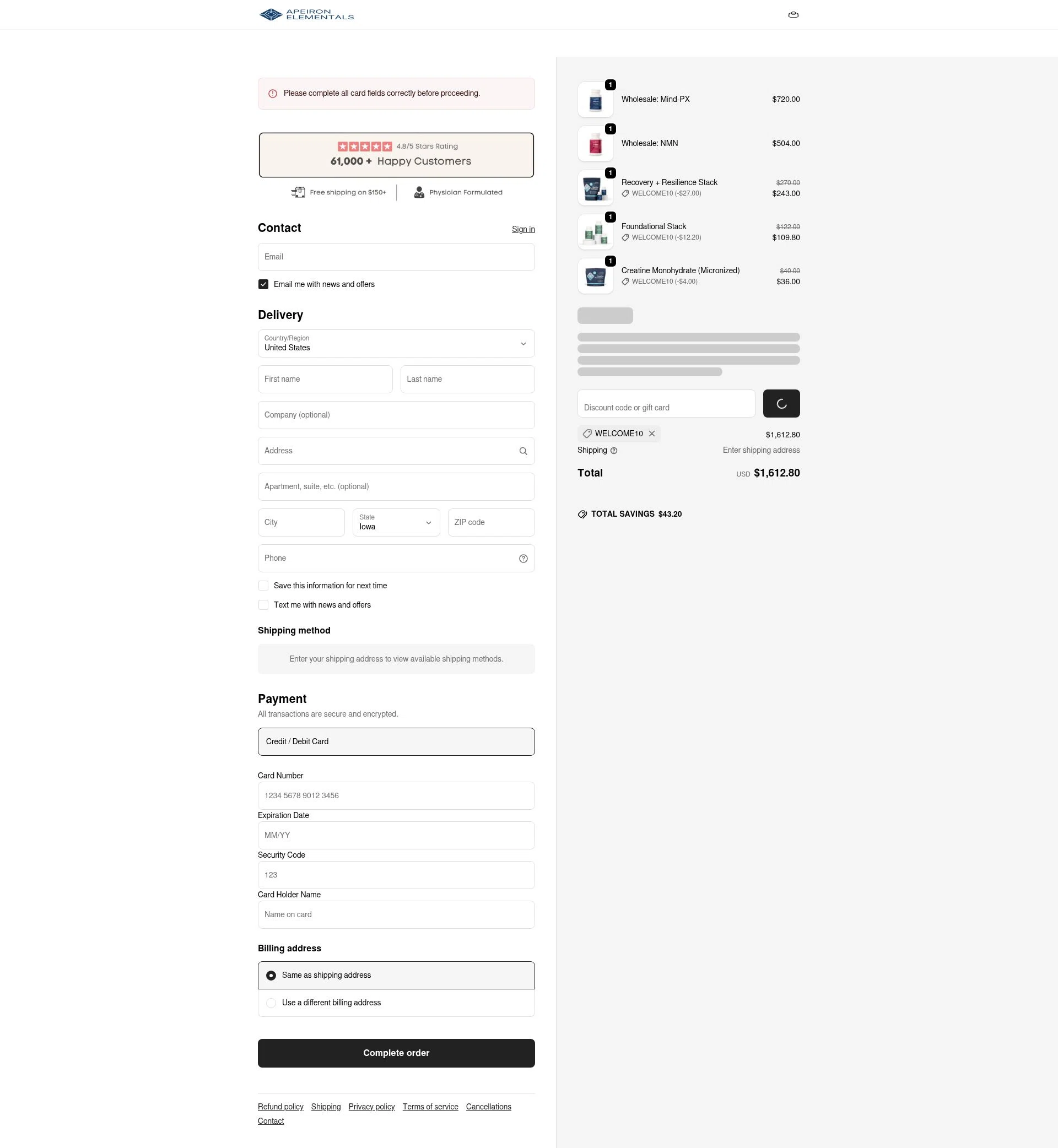 Apeiron Elementals checkout page showing Apeiron Elementals discount code box | Screenshot taken by SimplyCodes community member on Feb 7, 2026