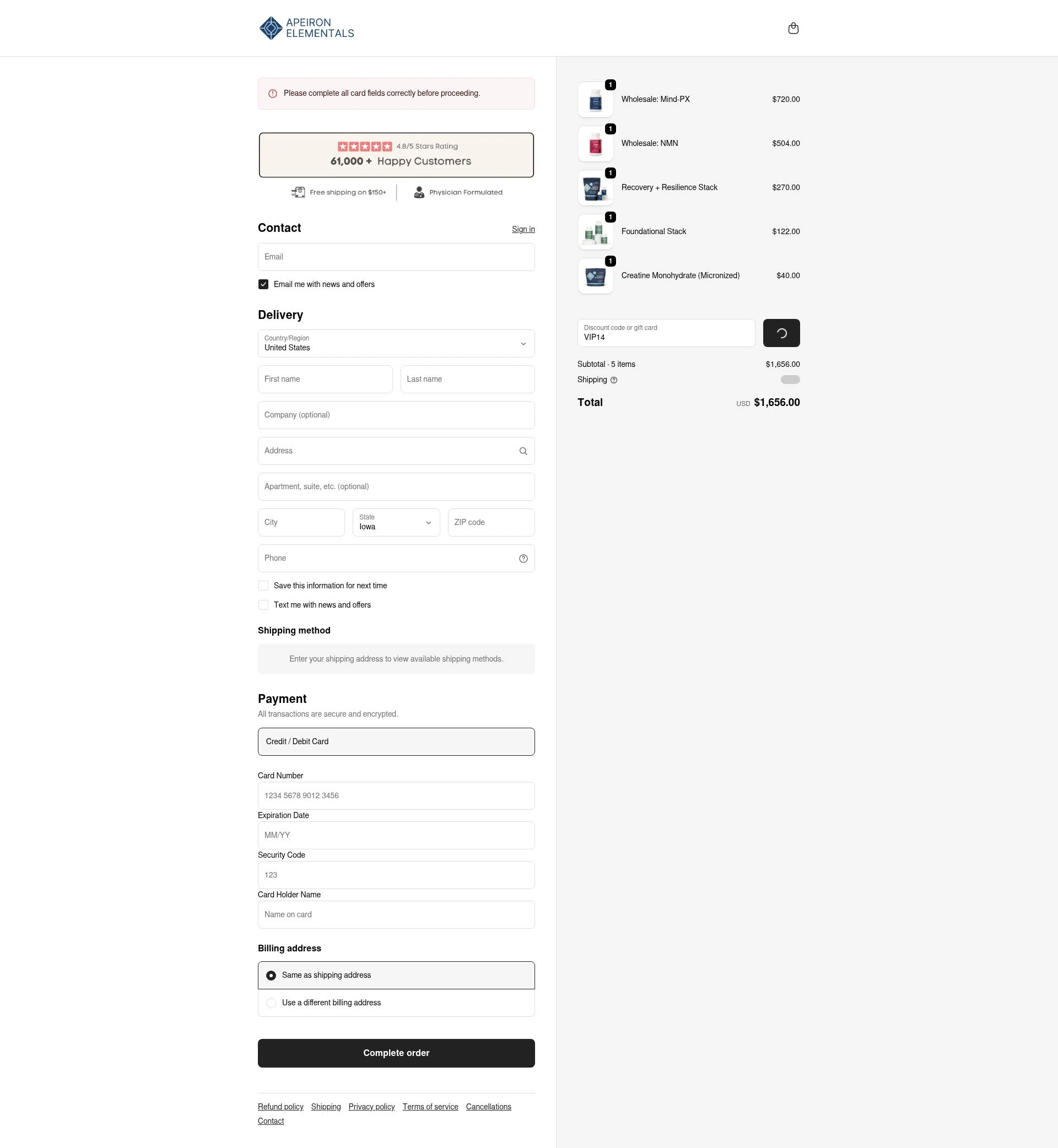 Apeiron Elementals checkout page showing Apeiron Elementals discount code box | Screenshot taken by SimplyCodes community member on Feb 3, 2026