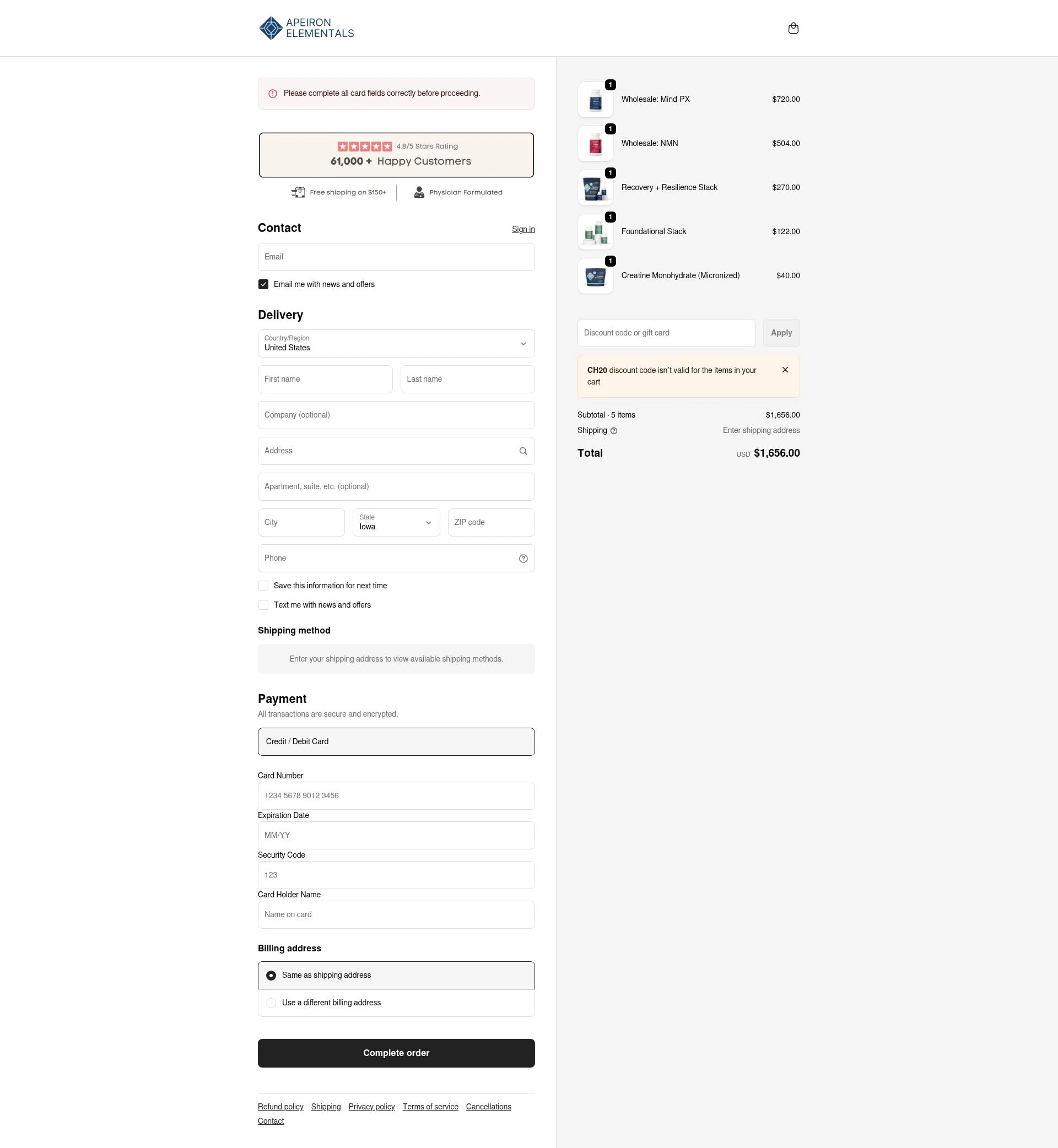 Apeiron Elementals checkout page showing Apeiron Elementals discount code box | Screenshot taken by SimplyCodes community member on Feb 11, 2026