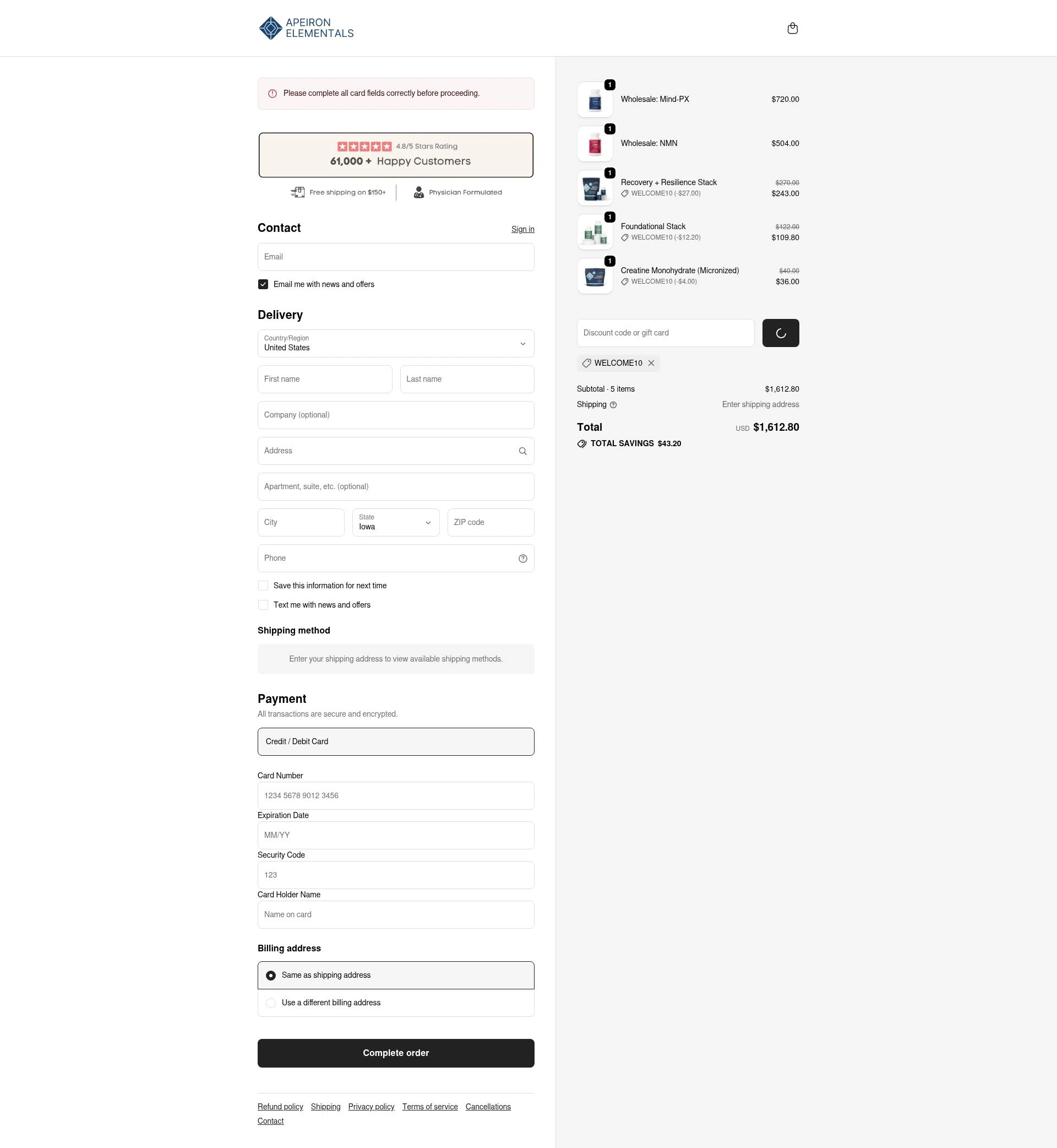 Apeiron Elementals checkout page showing Apeiron Elementals discount code box | Screenshot taken by SimplyCodes community member on Feb 3, 2026
