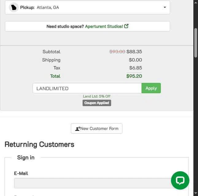 Aperturent.com checkout page showing Aperturent.com coupon code box | Screenshot taken by SimplyCodes community member on Oct 28, 2025