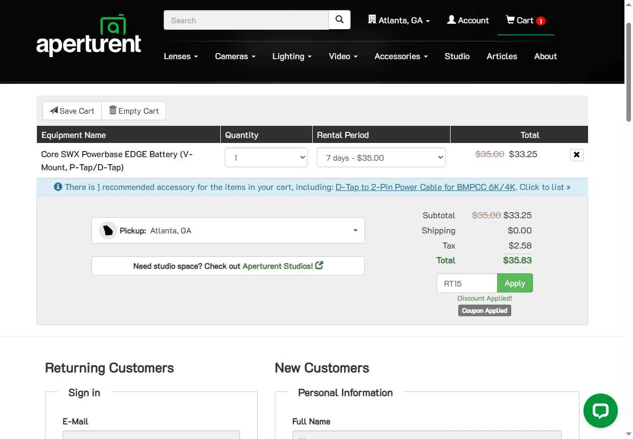 Aperturent.com checkout page showing Aperturent.com coupon code box | Screenshot taken by SimplyCodes community member on Jan 14, 2026