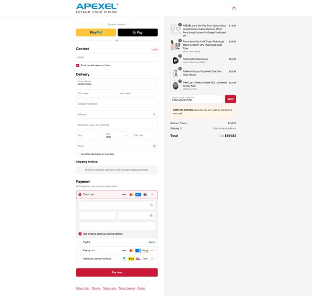 APEXEL checkout page showing APEXEL coupon code box | Screenshot taken by SimplyCodes community member on Sep 4, 2025