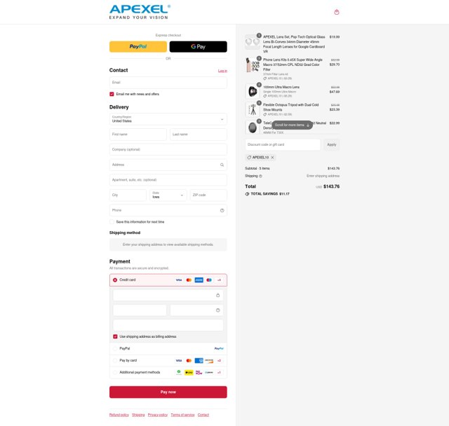 APEXEL checkout page showing APEXEL coupon code box | Screenshot taken by SimplyCodes community member on Sep 4, 2025