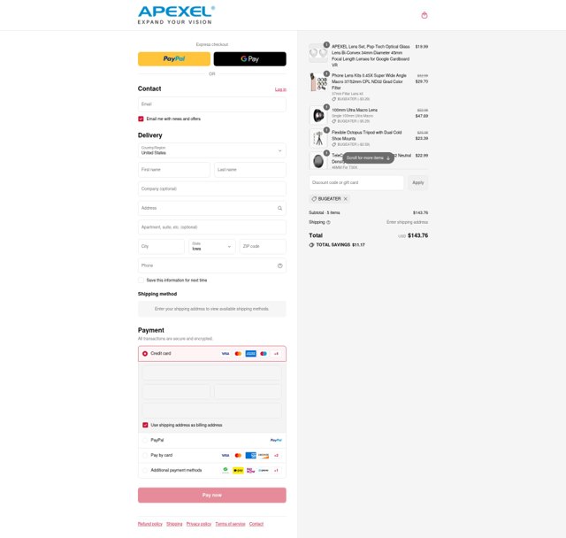 APEXEL checkout page showing APEXEL coupon code box | Screenshot taken by SimplyCodes community member on Sep 4, 2025