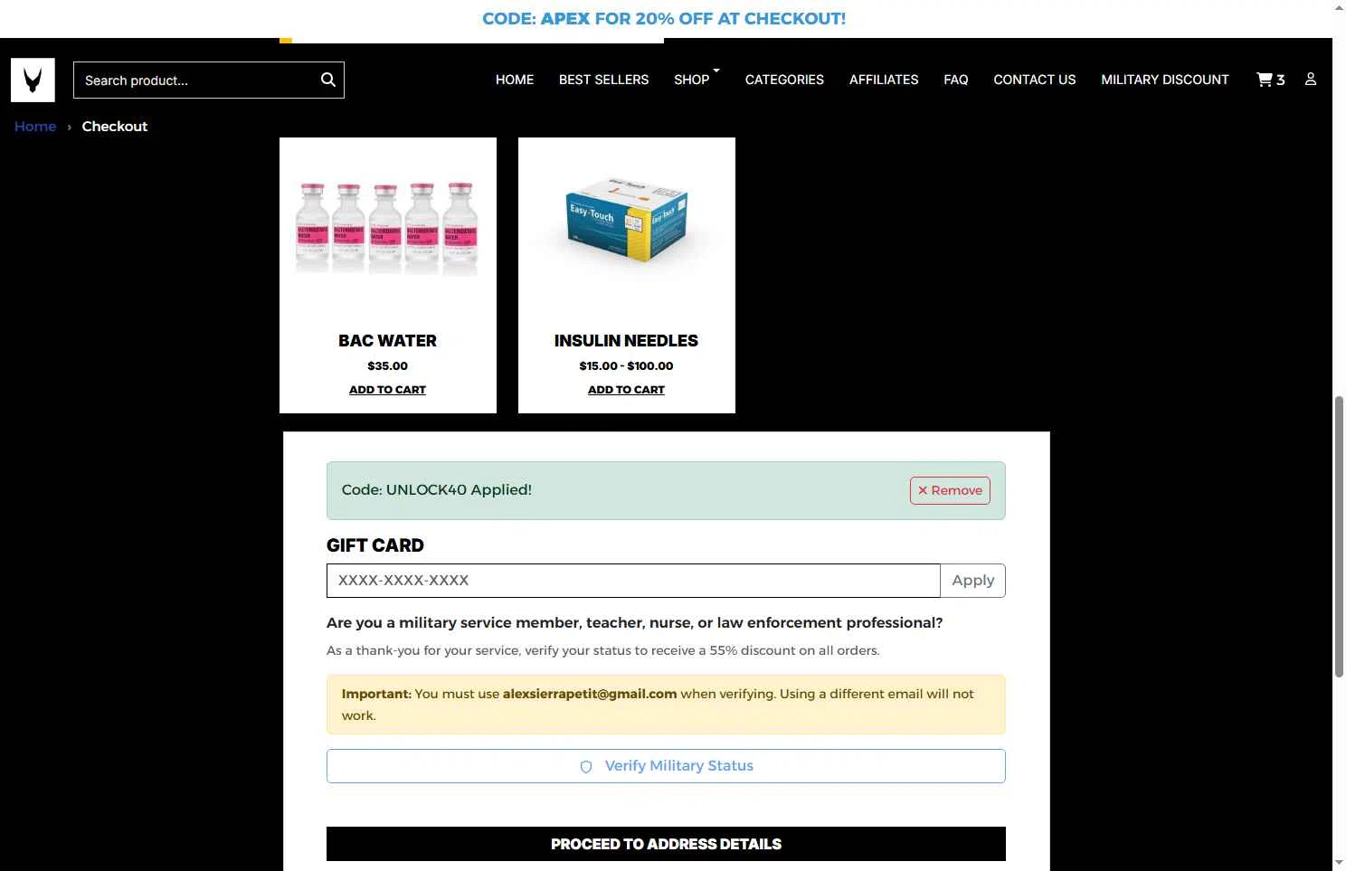 apex-peptides.com checkout page showing apex-peptides.com promo code box | Screenshot taken by SimplyCodes community member on Jan 31, 2026