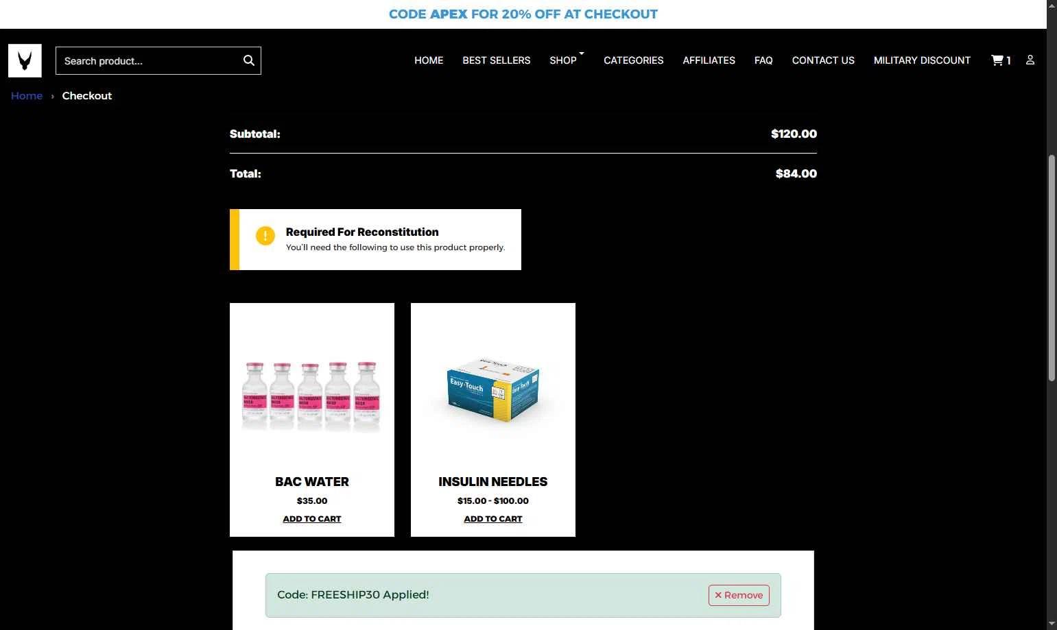 apex-peptides.com checkout page showing apex-peptides.com promo code box | Screenshot taken by SimplyCodes community member on Jan 23, 2026