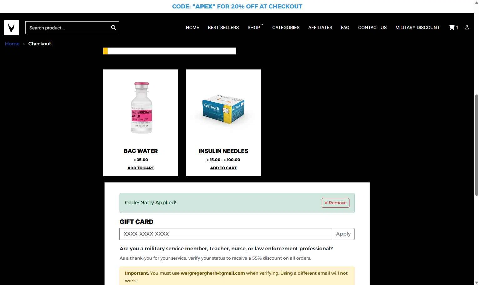 apex-peptides.com checkout page showing apex-peptides.com promo code box | Screenshot taken by SimplyCodes community member on Feb 5, 2026