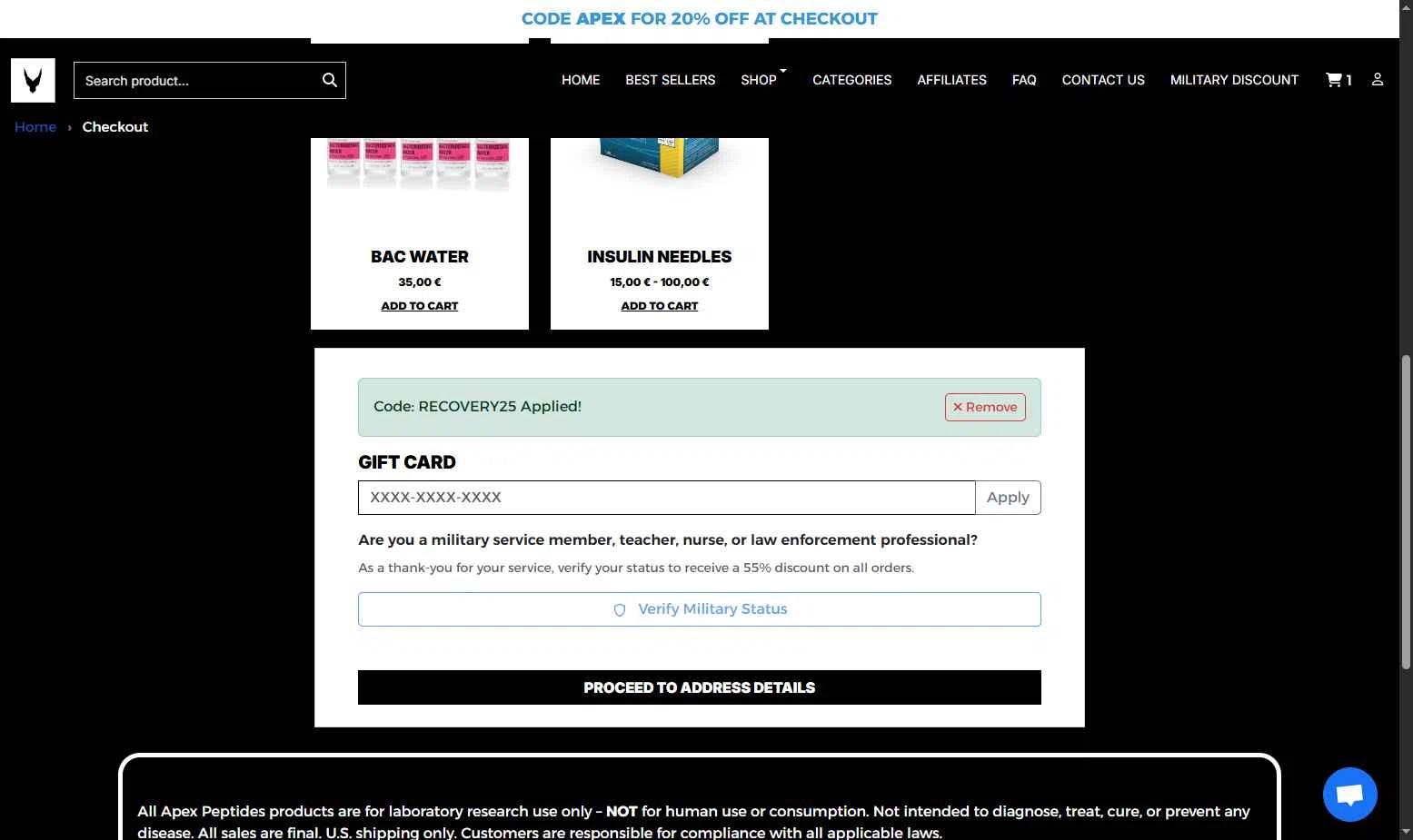 apex-peptides.com checkout page showing apex-peptides.com promo code box | Screenshot taken by SimplyCodes community member on Jan 21, 2026