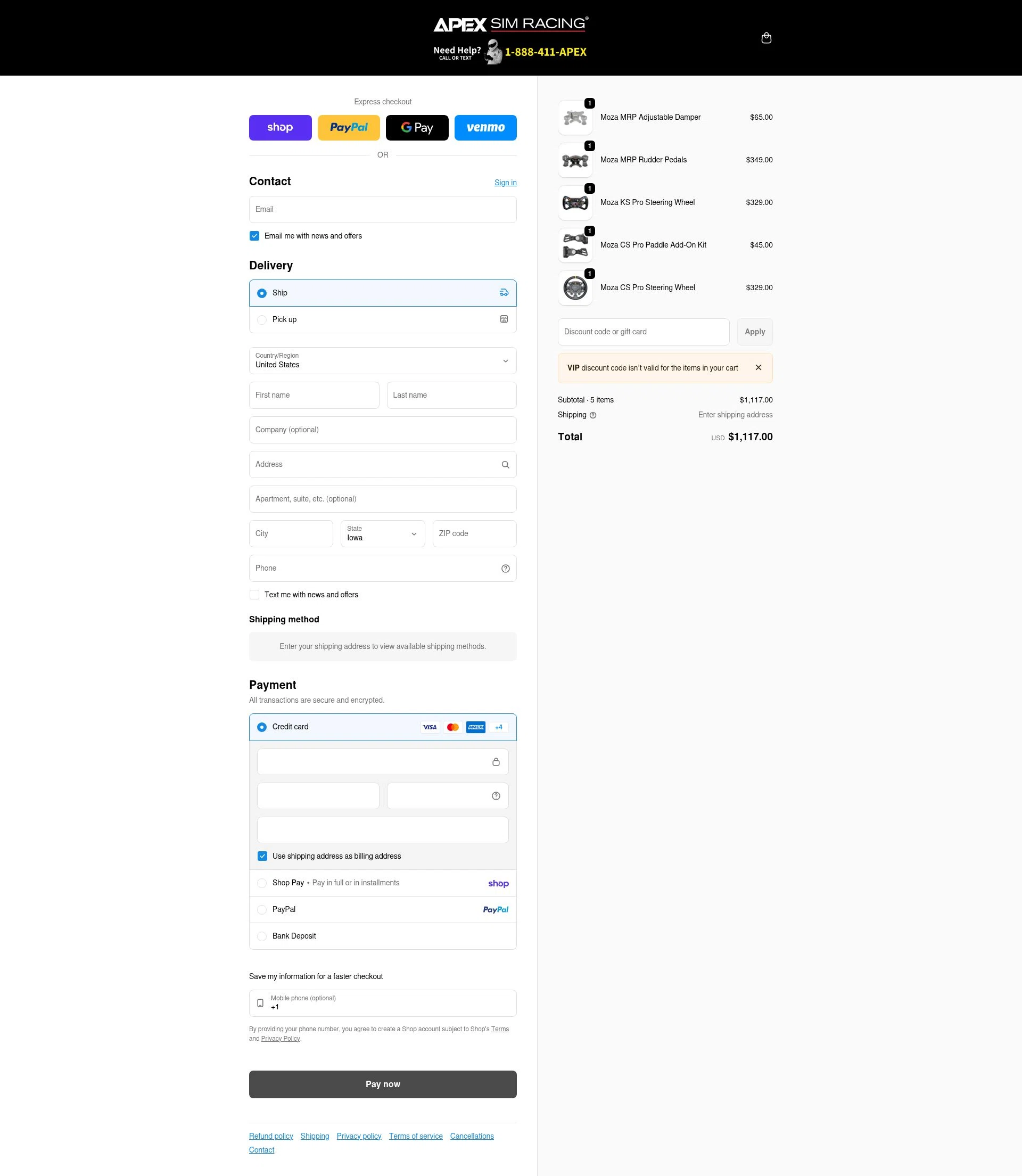 Apex Sim Racing checkout page showing Apex Sim Racing discount code box | Screenshot taken by SimplyCodes community member on Feb 13, 2026