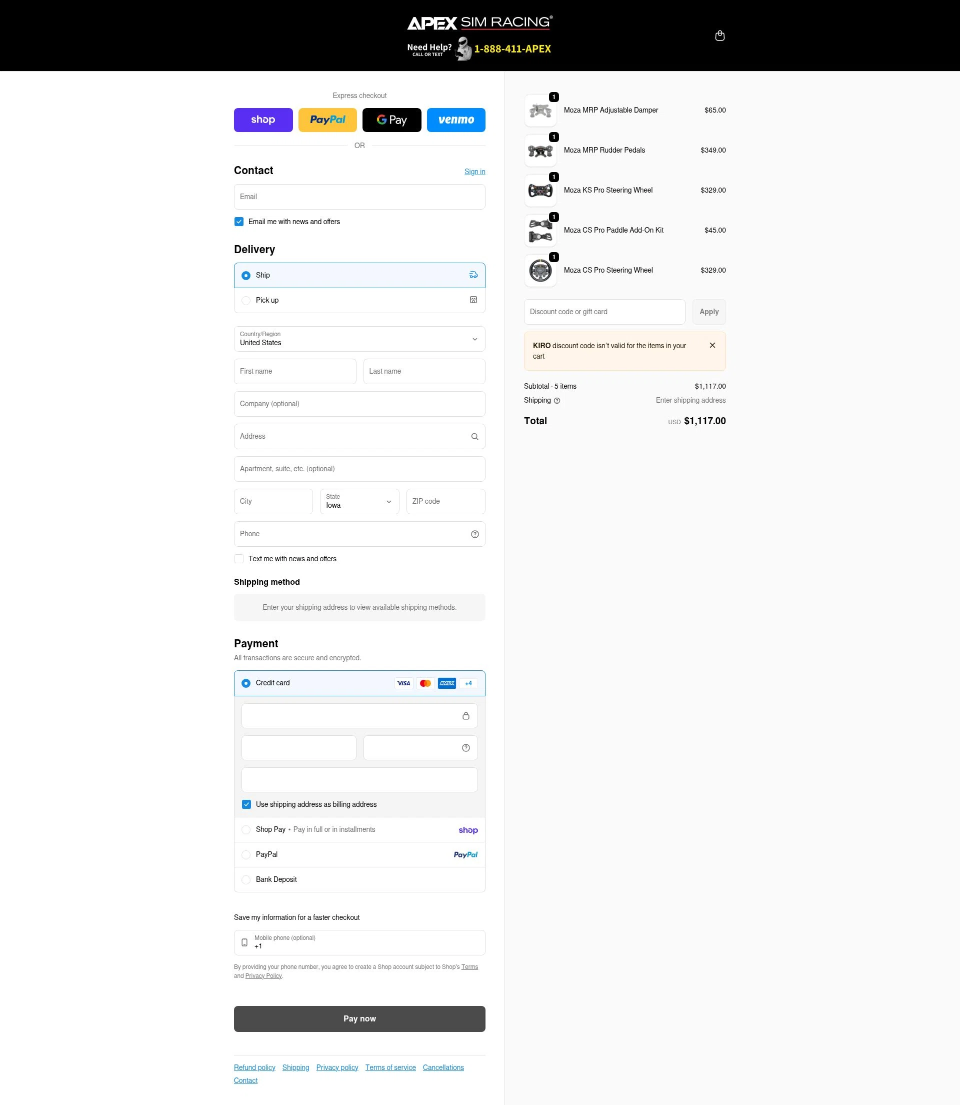 Apex Sim Racing checkout page showing Apex Sim Racing discount code box | Screenshot taken by SimplyCodes community member on Feb 13, 2026