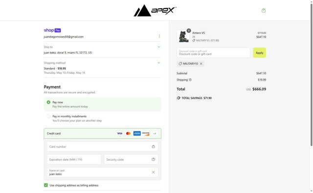Apex Ski Boots checkout page showing Apex Ski Boots discount code box | Screenshot taken by SimplyCodes community member on May 9, 2025