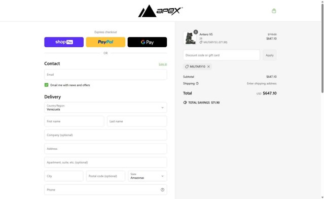 Apex Ski Boots checkout page showing Apex Ski Boots discount code box | Screenshot taken by SimplyCodes community member on Jun 7, 2025