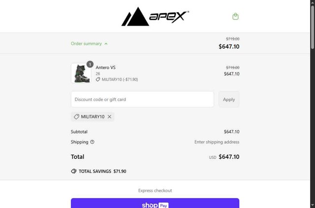 Apex Ski Boots checkout page showing Apex Ski Boots discount code box | Screenshot taken by SimplyCodes community member on May 9, 2025