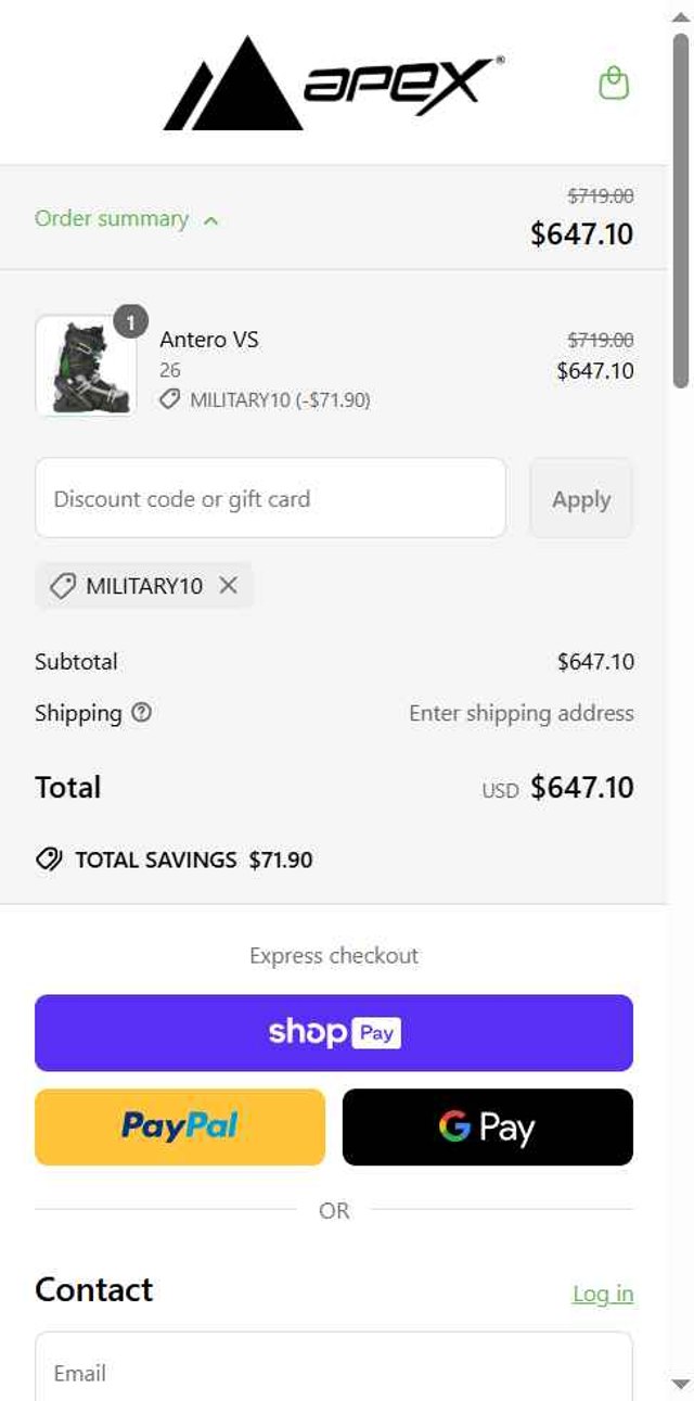 Apex Ski Boots checkout page showing Apex Ski Boots discount code box | Screenshot taken by SimplyCodes community member on Jun 7, 2025
