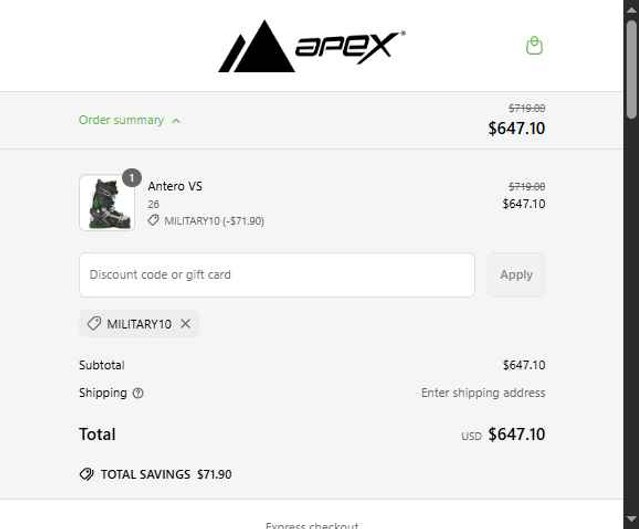 Apex Ski Boots checkout page showing Apex Ski Boots discount code box | Screenshot taken by SimplyCodes community member on May 9, 2025