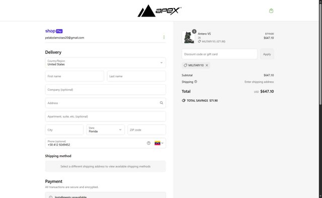 Apex Ski Boots checkout page showing Apex Ski Boots discount code box | Screenshot taken by SimplyCodes community member on Jun 7, 2025
