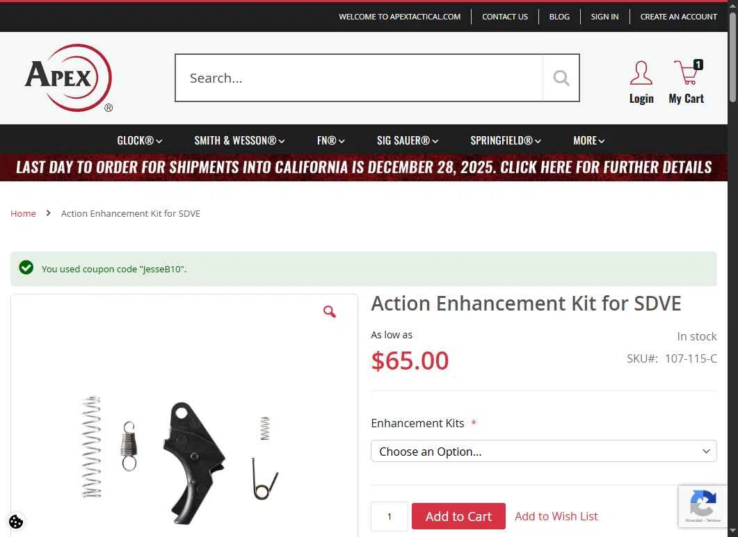 Apex Tactical checkout page showing Apex Tactical discount code box | Screenshot taken by SimplyCodes community member on Dec 16, 2025