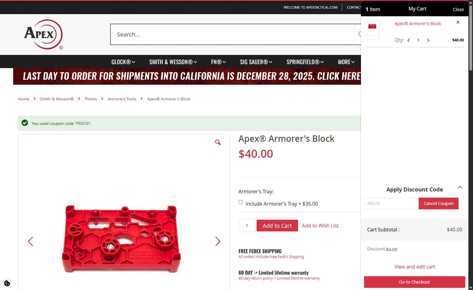 Apex Tactical checkout page showing Apex Tactical discount code box | Screenshot taken by SimplyCodes community member on Dec 18, 2025