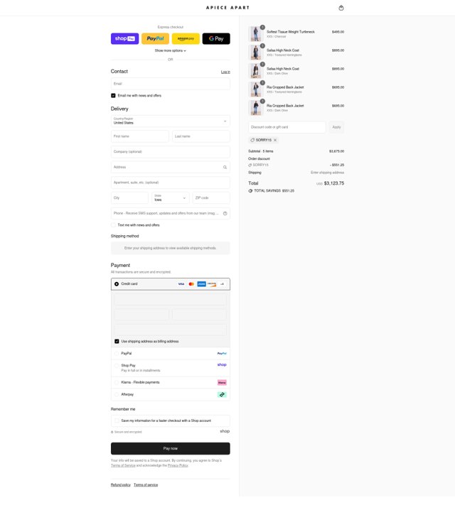 Apiece Apart checkout page showing Apiece Apart discount code box | Screenshot taken by SimplyCodes community member on Aug 23, 2025
