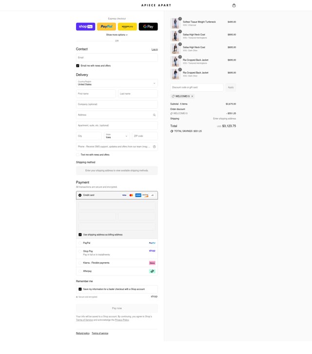 Apiece Apart checkout page showing Apiece Apart discount code box | Screenshot taken by SimplyCodes community member on Aug 23, 2025