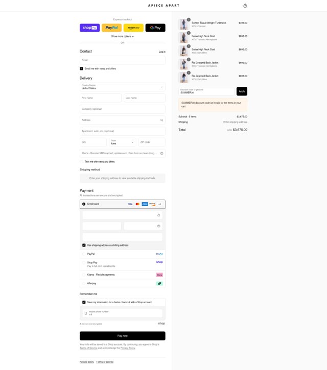 Apiece Apart checkout page showing Apiece Apart discount code box | Screenshot taken by SimplyCodes community member on Aug 27, 2025