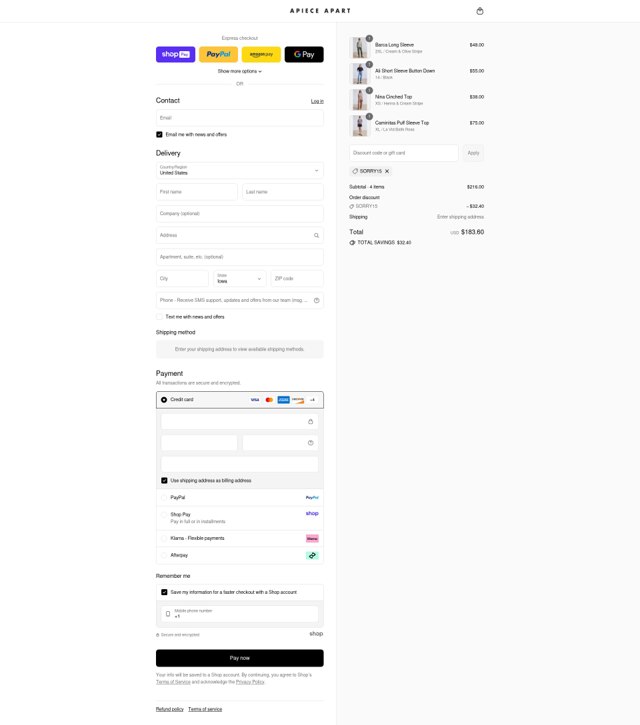 Apiece Apart checkout page showing Apiece Apart discount code box | Screenshot taken by SimplyCodes community member on Aug 17, 2025