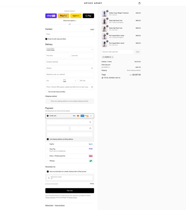 Apiece Apart checkout page showing Apiece Apart discount code box | Screenshot taken by SimplyCodes community member on Aug 27, 2025