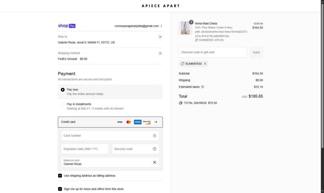 Apiece Apart checkout page showing Apiece Apart discount code box | Screenshot taken by SimplyCodes community member on Aug 26, 2025