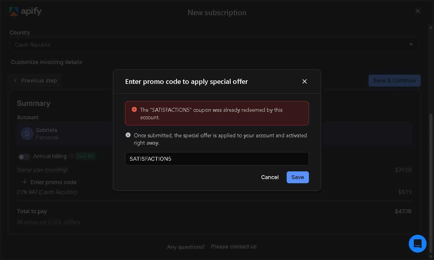 Apify checkout page showing Apify promo code box | Screenshot taken by SimplyCodes community member on Sep 27, 2025