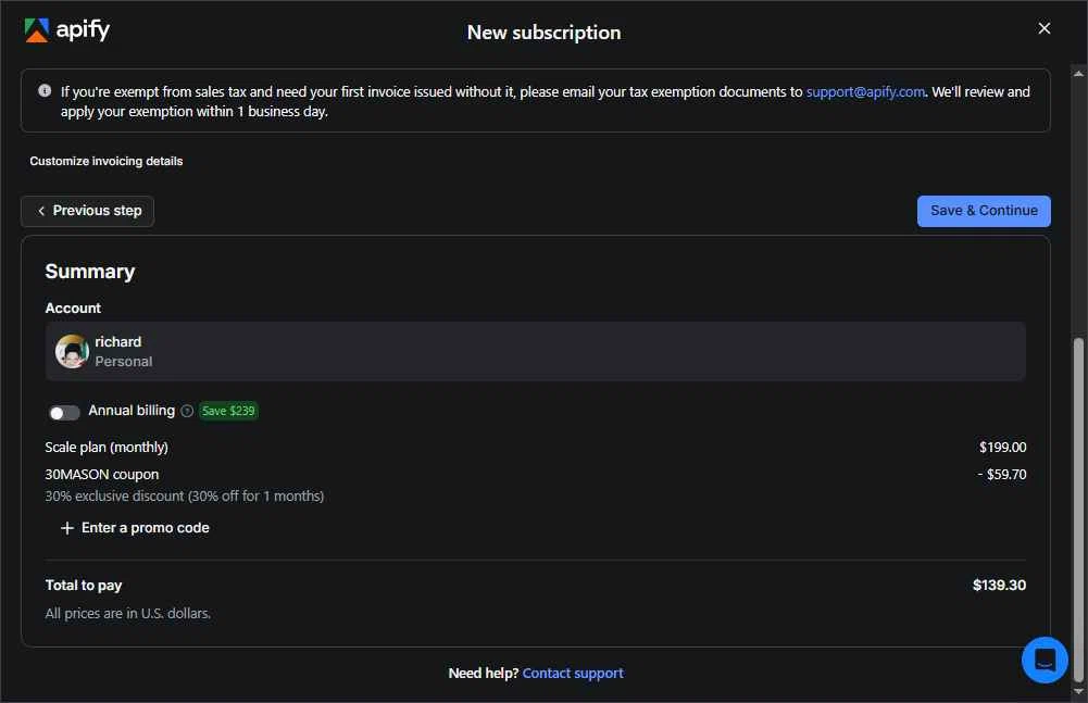 Apify checkout page showing Apify promo code box | Screenshot taken by SimplyCodes community member on Dec 26, 2025
