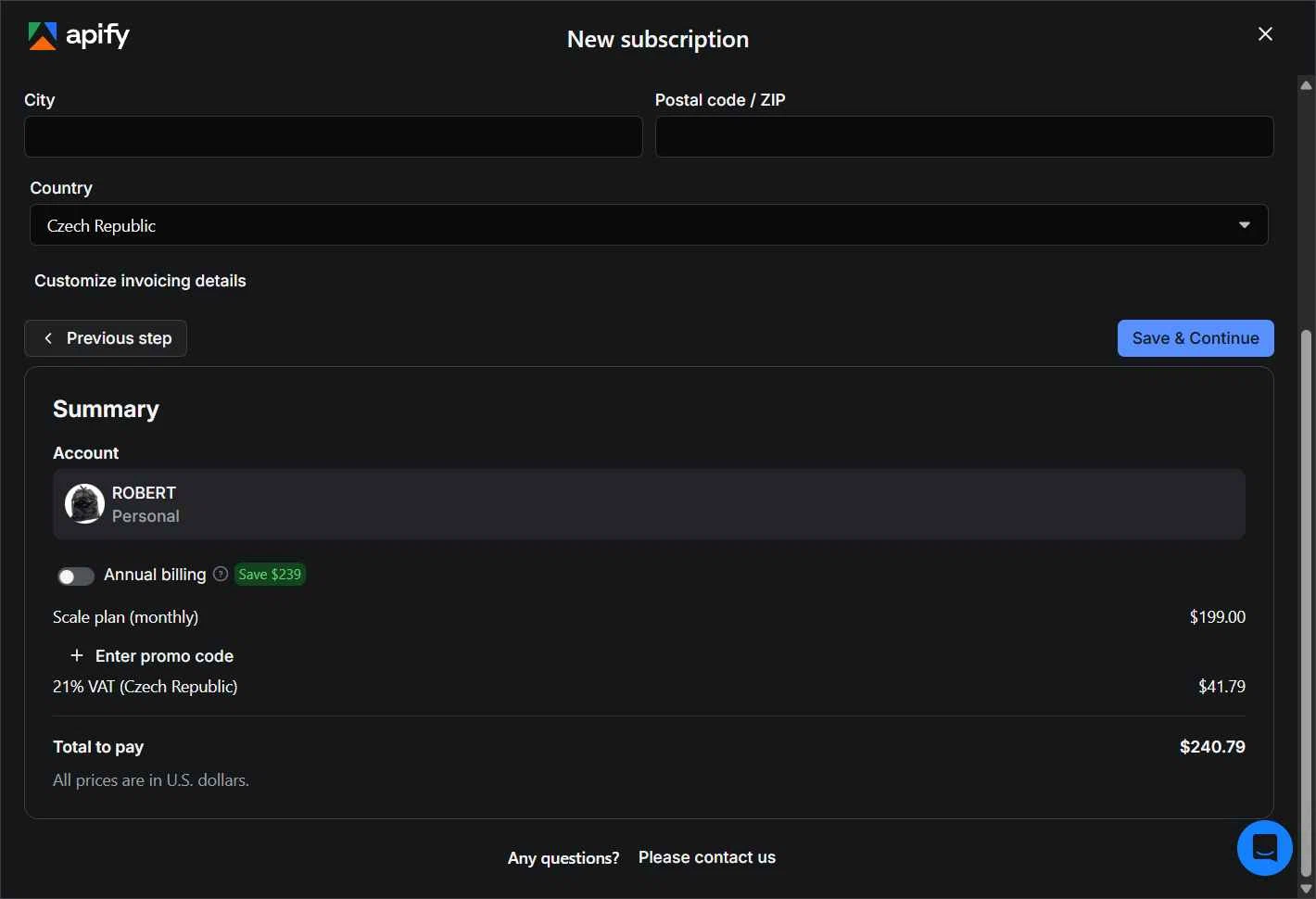 Apify checkout page showing Apify promo code box | Screenshot taken by SimplyCodes community member on Sep 27, 2025