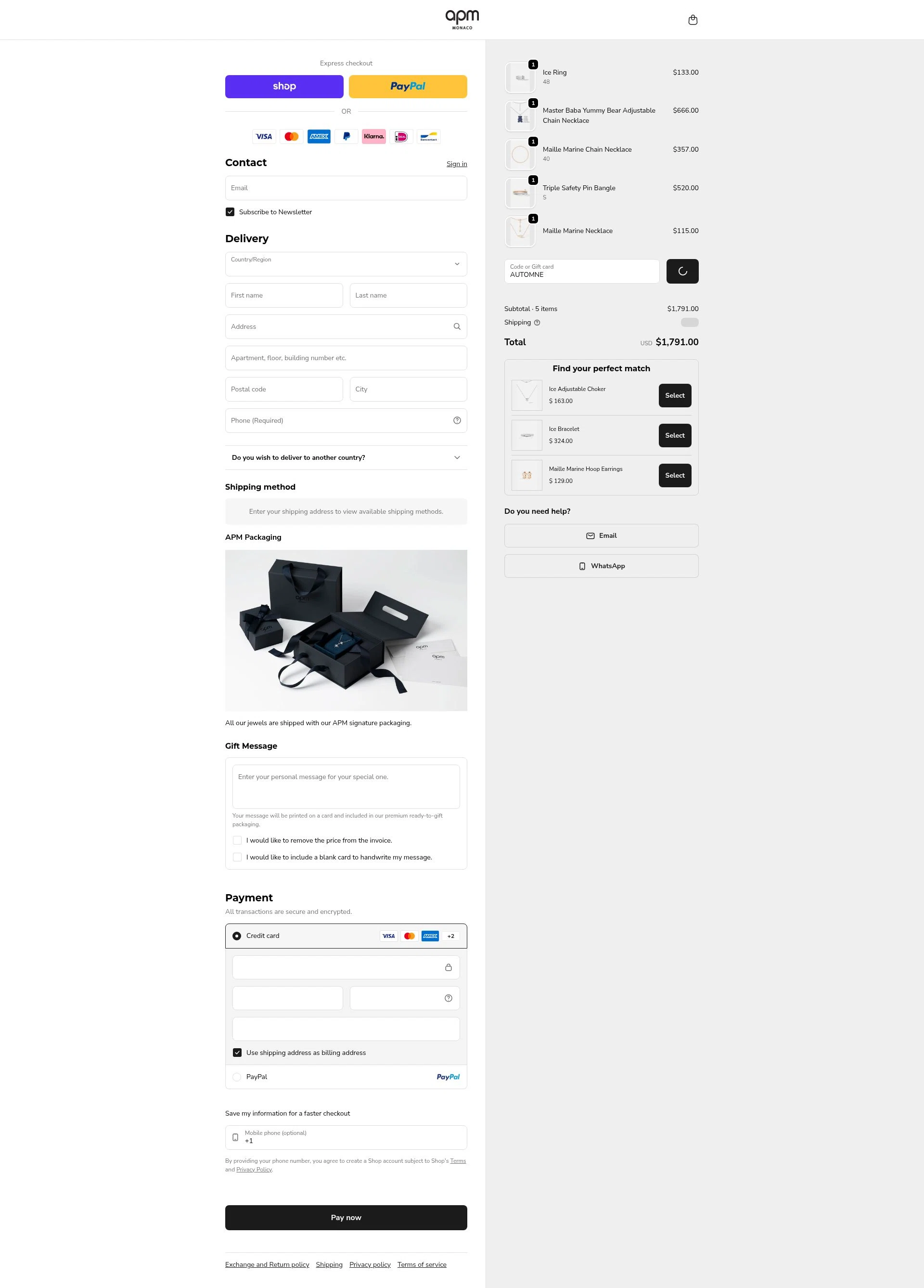APM Monaco checkout page showing APM Monaco discount code box | Screenshot taken by SimplyCodes community member on Feb 12, 2026